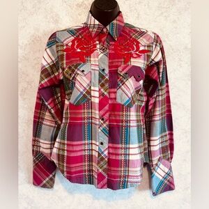 Western Denim Bank Women’s Red Plaid Stitching Accents Embellished Size Small